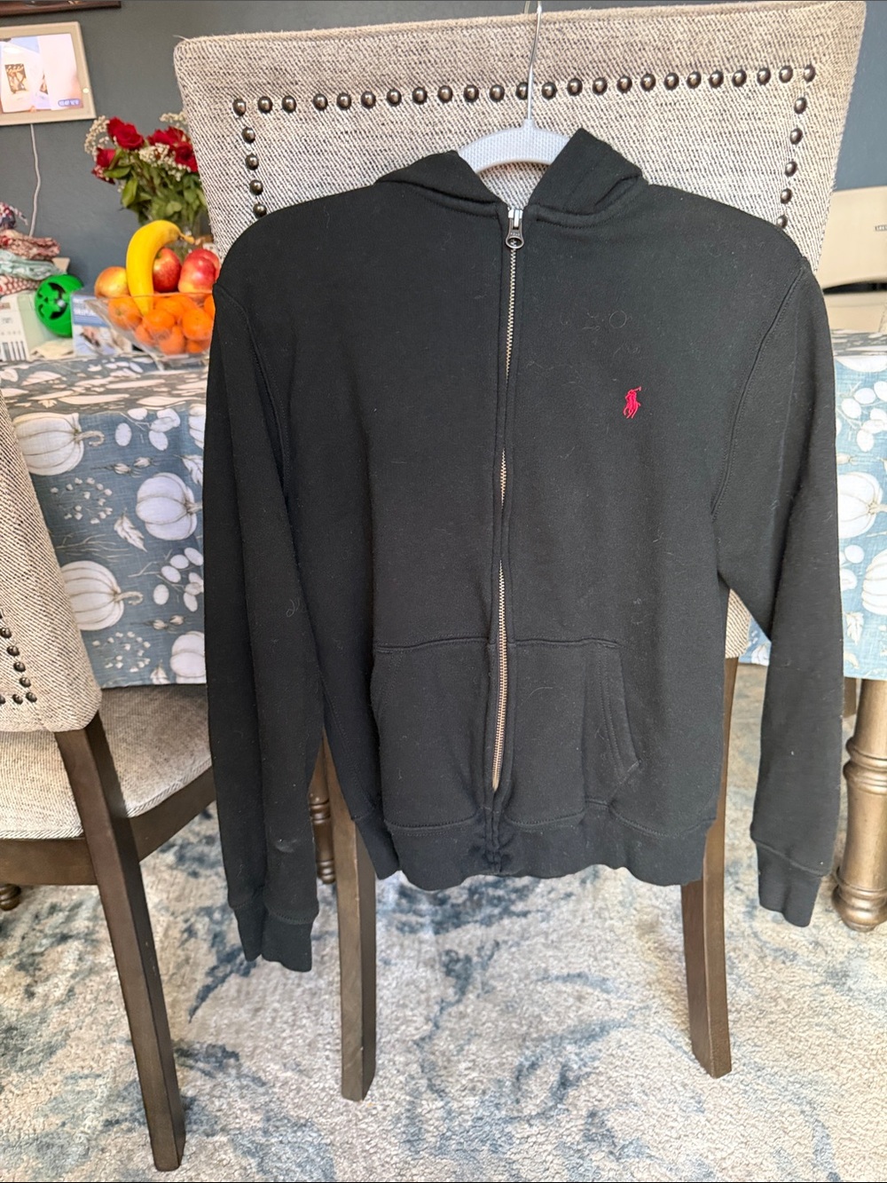 Ralph Lauren Black Zip-Up Hooded Sweater with Red Pony